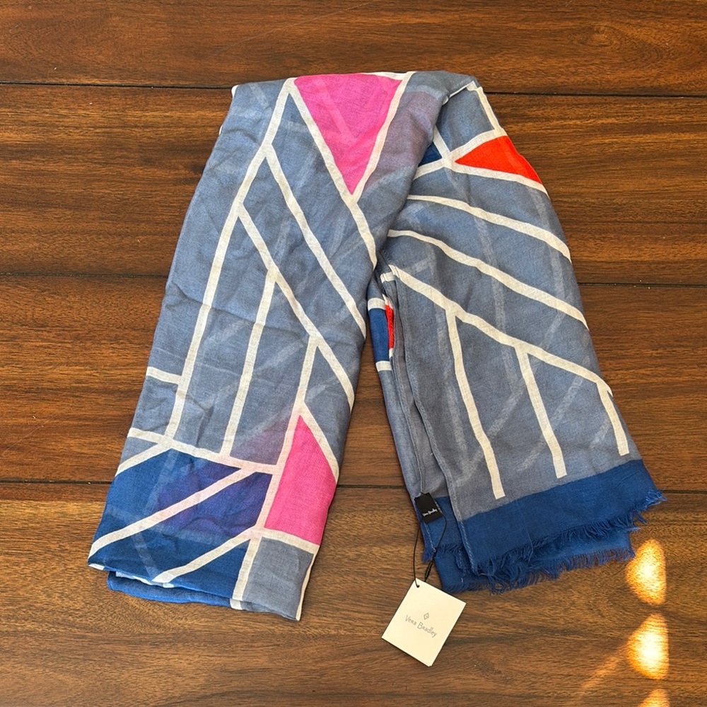 NWT Vera Bradley Geo Medallions Soft Fringe Scarf in Blue, Pink, & Red